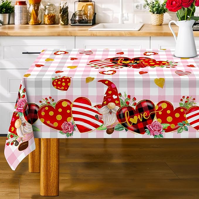 Valentines Day Tablecloth, Valentines Tablecloth Rectangle 52 x 70 with Red Heart and Roses, Valentines Oblong Table Cloth Gnome Holiday Kitchen Table Cover for Dining Room Indoor Decor