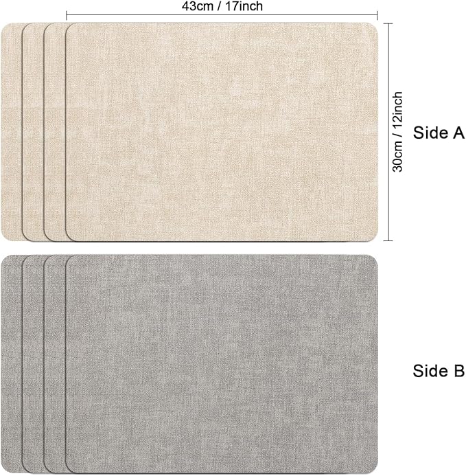 Myir JUN Reversible Vinyl Placemats Set of 8, Faux Leather Place Mats Dual Sided Waterproof Wipeable, Heat-Resistant Table Mats for Kitchen Dining Indoor Outdoor (12" x 17", Light Gray Cream-White)