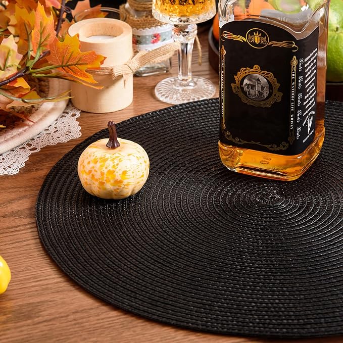 AHHFSMEI Round Braided Placemats 15 Inch Round Table Mats for Dining Tables Natural Woven Heat Resistant Place mats Set of 6 (Black)