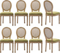 Vintage French Rattan Dining Chairs Set of 8, Round Back Accent Chairs with Rattan Backrest and Upholstered Linen Seat, Solid Frame Wood Sillas de Comedor for Dining Room & Kitchen, Olive Green