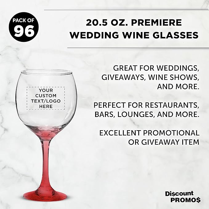 Custom Premiere Wedding Wine Glasses 20.5 oz Set of 96, Personalized Bulk Pack - Restaurant Glassware, Perfect for Red Wine or White Wine - Red