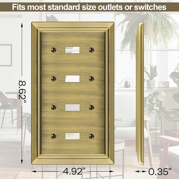 Metal Wall Plate for Electrical Outlets, Decorative Antique Brass Switch Plates Outlet Cover, Light Switch Cover Plate, 4-Gang Wall Plates (Quad Toggle, 1 Pack)