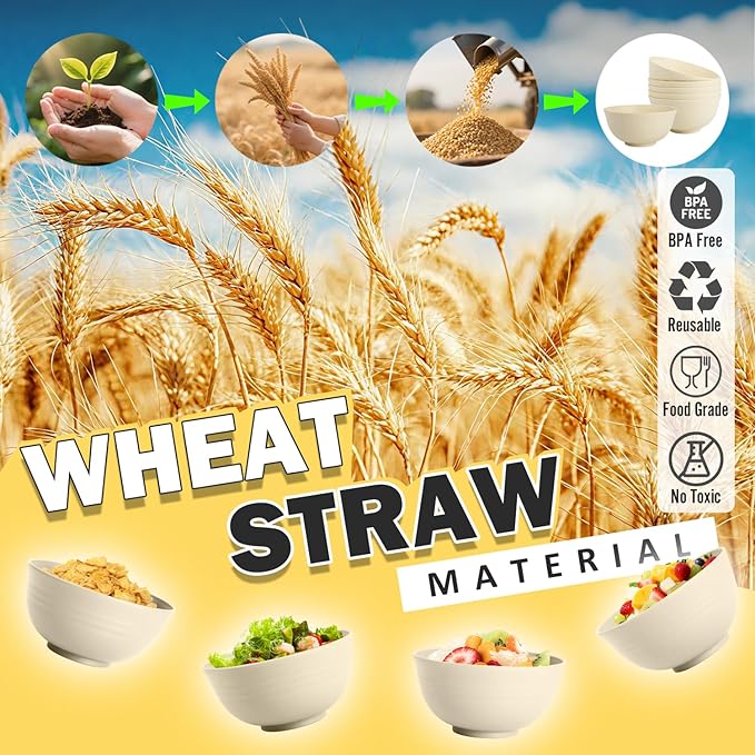 Wheat Straw Bowls Set of 6, 26 OZ Unbreakable Cereal Bowls, Reusable Plastic Bowls for Camping, Dorm, RV, Picnic, Lightweight Salad Soup Bowls, Microwave & Dishwasher Safe, Beige