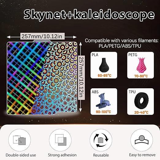 New Upgraded H1H Build Plate for Bambu Lab A1/X1C/X1/X1E/P1P/P1S/P2S 3D Printer, Smooth Kaleidoscope+Smooth Skynet Spring Steel Plate Flexible Plate 257x257mm for Bambu 3D Printers