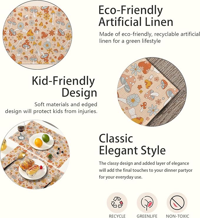 Retro Floral Hippie Mushroom Placemats Set of 6,Groovy Flower Table Mats Non-Slip Heat Resistant Washable Placemat for Party Kitchen Dining Table Decoration Indoor Outdoor