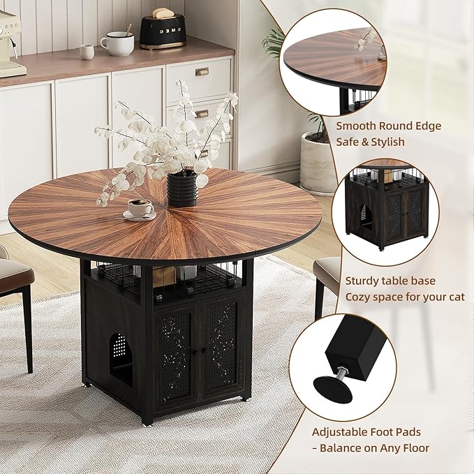 VFK 47" Round Dining Table Set for 4-6 People, Solid Wood & Metal Table with Storage Shelf, Walnut Kitchen & Dining Room Furniture (Cat Table)