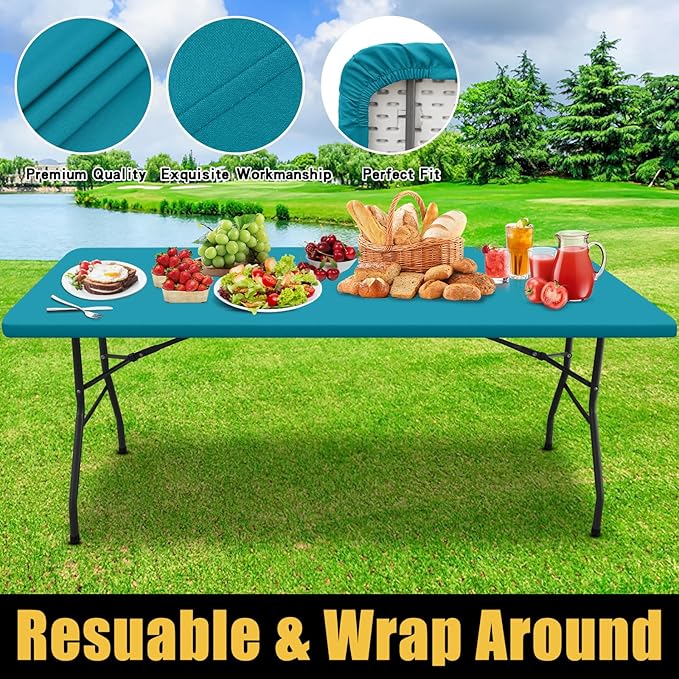 Smiry Rectangle Picnic Table Cloth, Waterproof Elastic Fitted Tablecloths for 4 Foot Tables, Washable Polyester Table Cover for Camping, Indoor and Outdoor (Teal, 24"x48")