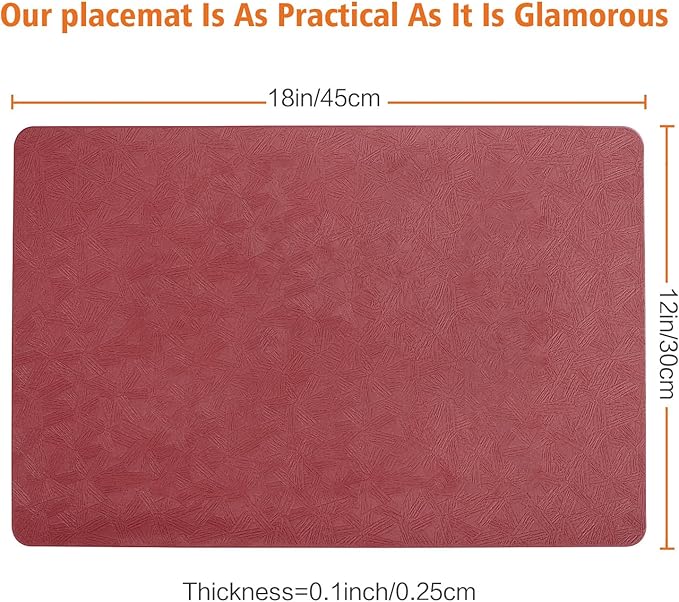 Vinyl Placemats Set of 12 Heat Resistant Easy Clean Non-Slip Place Mats for Dining Table Faux Leather Waterproof Stain Resistant Wipeable Washable PVC Table Mats(12, Red)