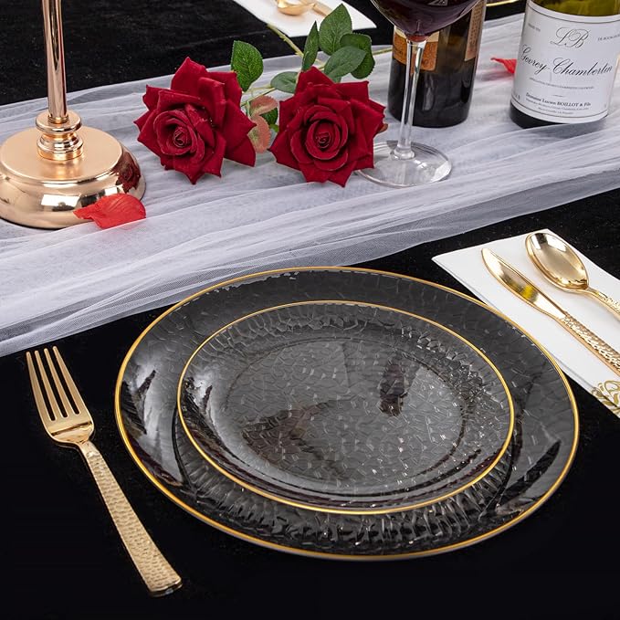Hioasis 60pcs Black Plastic Plates - Gold Rimmed Disposable, Hammered, Heavy-duty Dinnerware Set Suitable for 30 Guests, 10.25" Dinner & 7.5" Dessert Plates for Party & Wedding