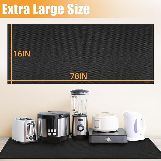 Extra Large Heat Resistant Mat for Countertop, 16 x 78in Fireproof Silicone Mats for Kitchen Counter, Easy to Clean Countertop Protector Mat for Air Fryer, Coffee Maker, Toaster, Oven, Black