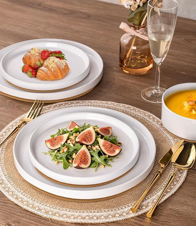 AmorArc Ceramic Dinnerware Set for 8 | Speckled Stoneware Plates and Bowls with Rustic Terracotta Underside| Scratch Resistant,Dishwasher & Microwave Safe Dishes Sets- 24pcs White