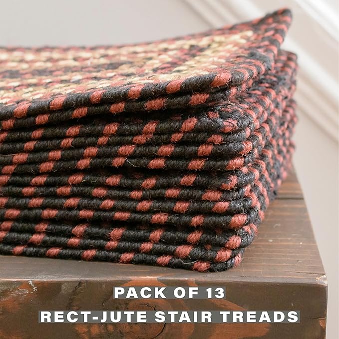 Homespice Prescott Jute Braided Stair Tread, Country Primitive Decor, Set of 13, Black and Red 8x28 Rectangle Rugs for Stairs - Easy to Clean, Tightly Stitched and Durable