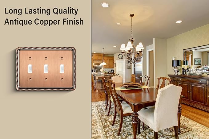 Henne Bery Rope Edge Decorative Wall Plate Switch Plate Outlet Cover (Triple Toggle, Antique Copper)