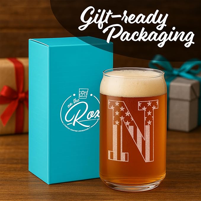Monogram Beer Glasses for Men (A-Z) 16 oz - Beer Gifts for Men Brother Son Dad Neighbor - Unique Gifts for Him - Personalized Drinking Gift Beer Glass Mugs - Engraved Beer Can Glass (N)