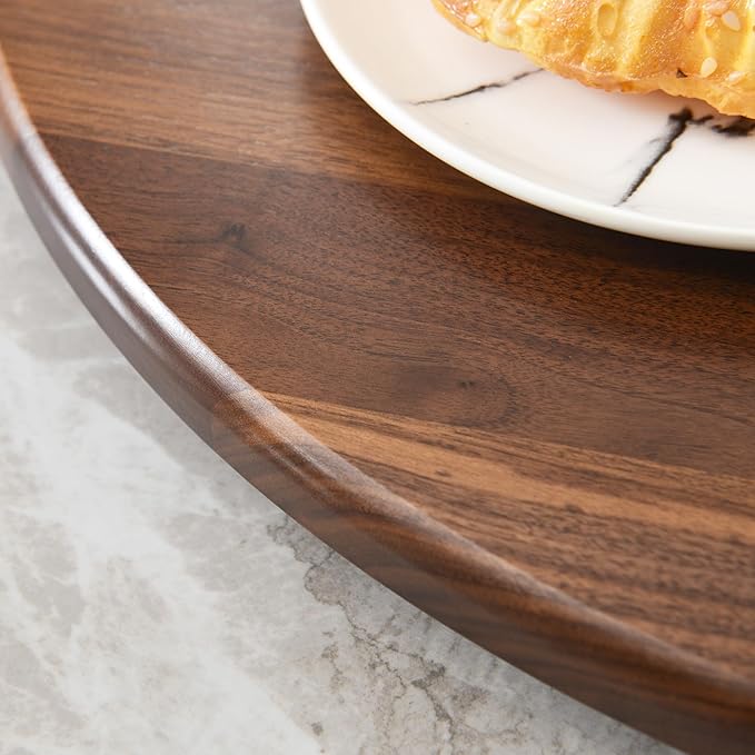24 Inch Round Lazy Susan Turntable, 0.8” Thick Solid Black Walnut Rotating Tray with 12" Wide Swivel Base, Reinforced Back for Non-Deforming, 100% FSC Certified for Dining Table