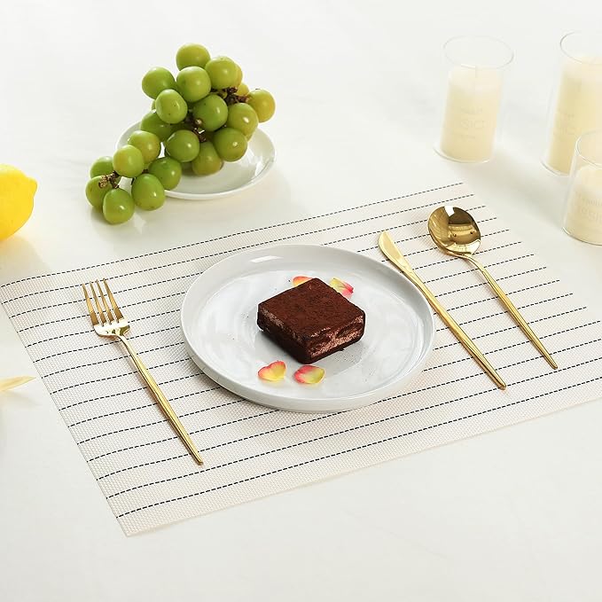 Leetaltree White with Black Stripes Placemats Set of 8 - Heat Resistant Non-Slip Place mats for Dining Table, Washable Durable PVC Vinyl Woven Table Mats（White Stripes, 8）