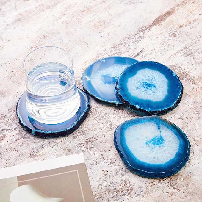 Luxury Lane Set of 4 Large Natural Brazilian Agate Slice Geode Rock Stone Drink Coasters with Wood Holder 4.3-4.7 inch Centerpiece Table Decoration, Ocean Blue