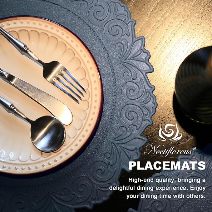 Noctiflorous Round Faux Leather 15 Inch Placemats Set of 4 Waterproof Wipeable Heat Resistant Tablemat for Dining Table Kitchen Non Slip Washable Oilproof Table Place Mat for Indoor Outdoor(Blue, 4)