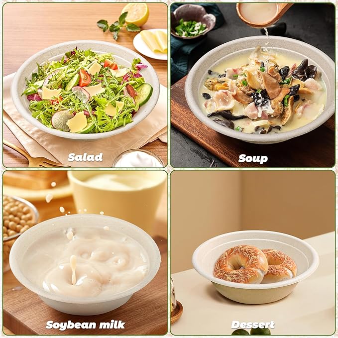 Large Disposable Paper Bowls-32oz for Hot Soup,150 Pack Eco-Friendly, Compostable Bagasse Disposable Heavy Duty Biodegradable Bowls Bulk for Hot Food, Salad, Milk Cereals