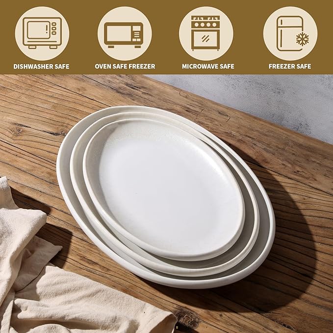 Ceramic Large Serving Platters- Set of 3 Oval Platters for Entertaining. Kitchen Dishes for Dinner, Fruit, Salad, Turkey, etc. Oven, Dishwasher Safe, 15.75"/13.75"/12",Mixed White