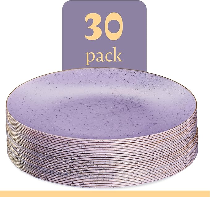 PLASTICPRO 30 Pack Disposable Plastic Plates Heavyweight Granite Look Elegant 10 inch Dinner Plates Purple with Gold Rim