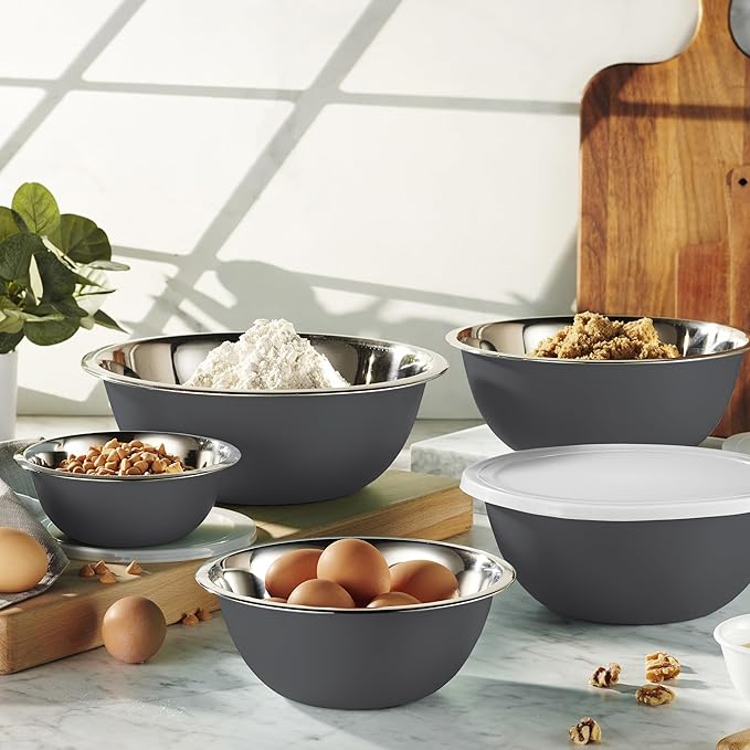 WHYSKO Stainless Steel Mixing Bowl Set, 10 Piece Stainless Steel Mixing Bowls with Lids Set for Food Prep Storage and Serving, Dishwasher Safe for Kitchen Baking Cooking, Grey