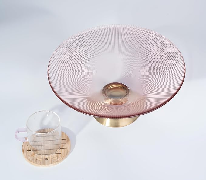 Tapered Glass Decorative Bowl (Pink), 9.8 Inches Handblown Striped Design Fruit Bowl with Rust-Resistant Metal Base for Home Decor, Table Centerpiece, Kitchen Island and Dining Decor