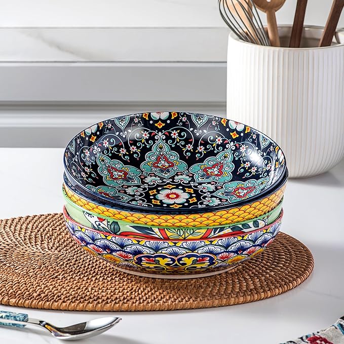 HENXFEN LEAD Pasta & Salad Bowls Set of 4, 45 oz Large Ceramic Serving Bowls – Colorful 9 Inch Wide & Shallow Bowls for Soup & Pasta, Microwave & Dishwasher Safe