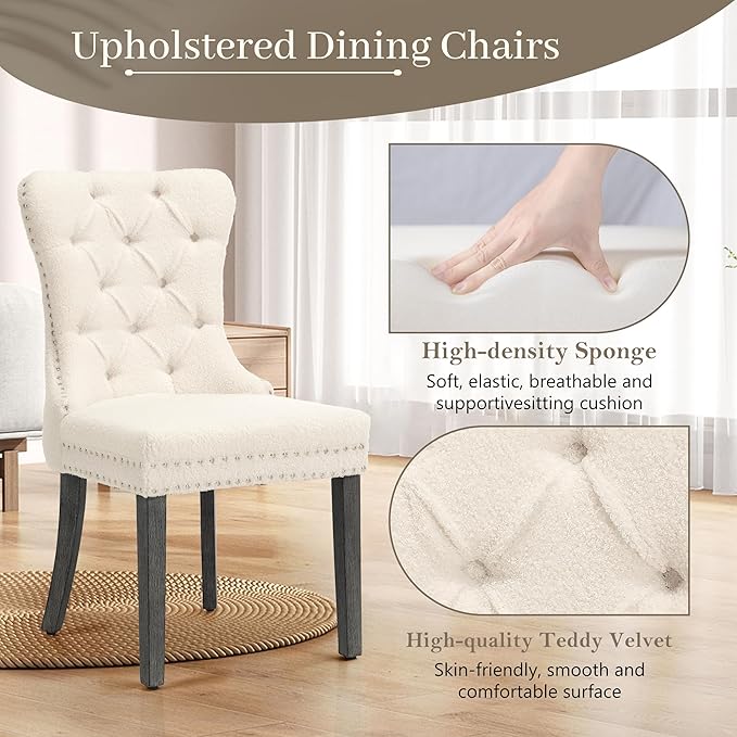KCC Boucle Dining Chairs Set of 4, Upholstered High-end Tufted Dining Room Chair with Nailhead Back Ring Pull Trim Solid Wood Legs, Contemporary Nikki Collection Modern Style for Kitchen, Cream