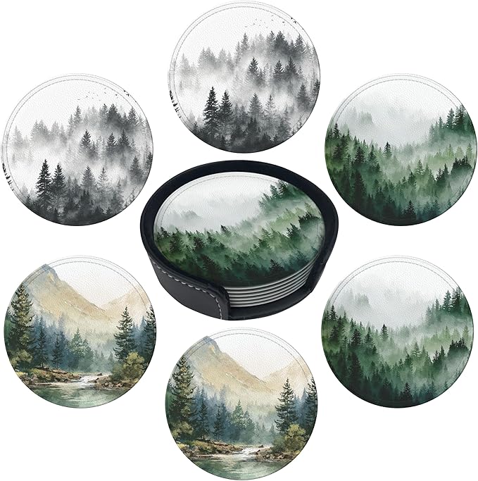 Forest Coasters Leather Round Drink Coasters 6 Pcs Set with Holderor for Cup Drink Coffee Table Bar Home Decor