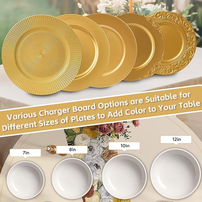 PROY 50 Pack 13" Gold Chargers for Dinner Plates, Round Plastic Chain Shaped Charger Plates,Decorative Gold Chargers for Table Setting, Wedding, Party, Event