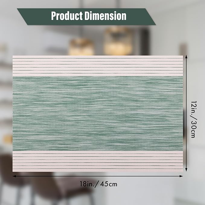 Winknowl Placemats, Set of 8 Heat Resistant Stain Resistant Woven Vinyl Insulation Place mats, Durable Washable Elegant Table Mats for Dining (Striped Green)
