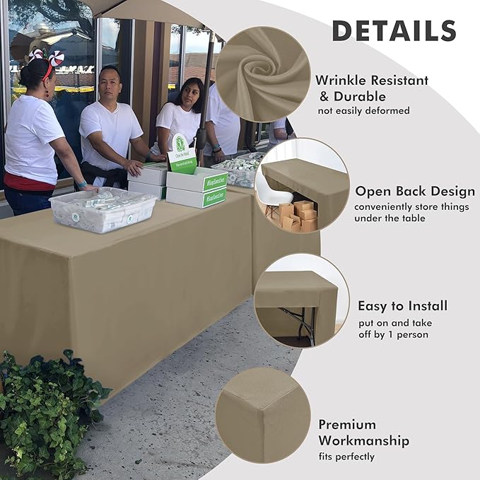 Nasitos 2 Pack Taupe Tablecloth 6 Foot - Open Back Fitted Tablecloth Rectangle Table, Washable Fabric Trade Show Table Cover for Craft Show, Display, Parties, Wedding, Events