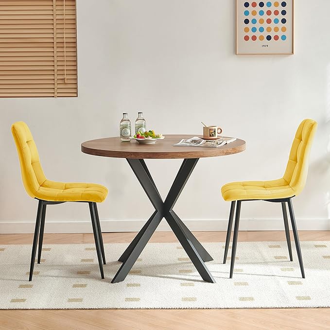 3 Piece Dining Table Set for Small Spaces - Round Kitchen Table Chairs Set of 2 with Yello Velvet Upholstered Chairs -Space Saving Dinette for Kitchen, Dining Room