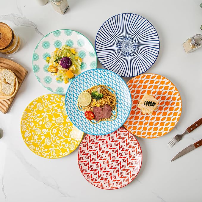 Ceramic Salad Plates Set - 8.5 Inch Round Porcelain Dinner Dishes for Dessert Pasta Appetizer Sandwich - Scratch Resistant, Microwave Dishwasher Safe - Set of 6 - Assorted Colors