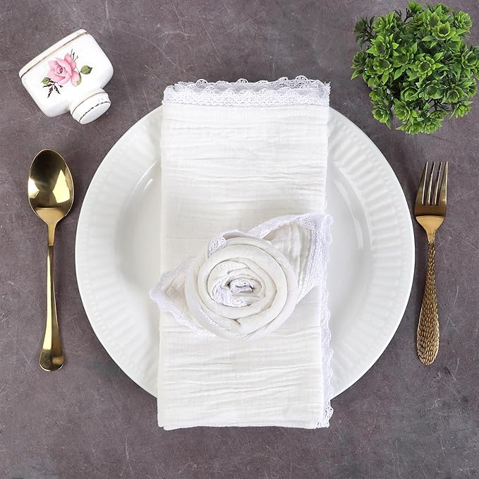 Fingercraft Dinner Cloth Napkin Cotton Muslin Double Gauze 8 Pack with Classic Lace for Everyday Use, Wedding, Party, Christmas, Easter Napkins Cloth are Pre Shrunk and Good Absorbency White