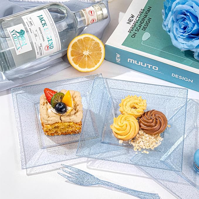 DaYammi 200 Pcs Blue Glitter Dessert Plates Including 100Pcs Appetizer Plates,100Pcs Plastic Forks,Blue Plastic Square Plate for Party,blue Disposable plates and Cake forks for Birthday Party Wedding