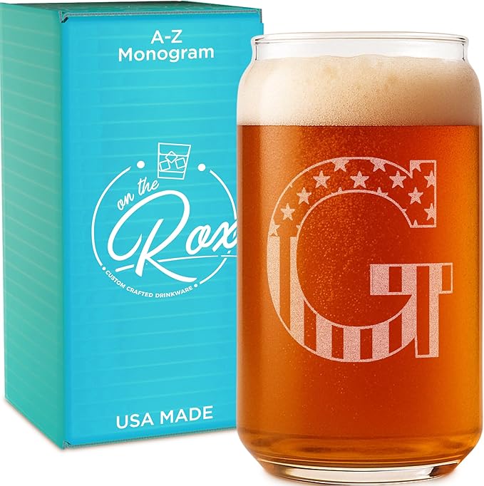 Monogram Beer Glasses for Men (A-Z) 16 oz - Beer Gifts for Men Brother Son Dad Neighbor - Unique Gifts for Him - Personalized Drinking Gift Beer Glass Mugs - Engraved Beer Can Glass (G)