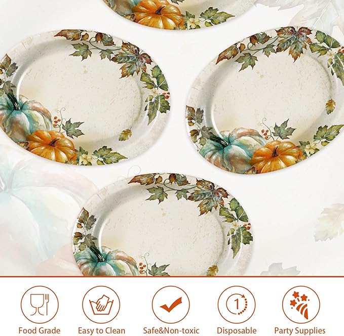 50 Pcs Fall Oval Paper Plates 10"×12" Large Vintage Watercolor Pumpkins Plates Disposable Heavy Duty Thanksgiving Platters for Fall Thanksgiving Party Decorations Autumn Holiday Harvest Party Supplies