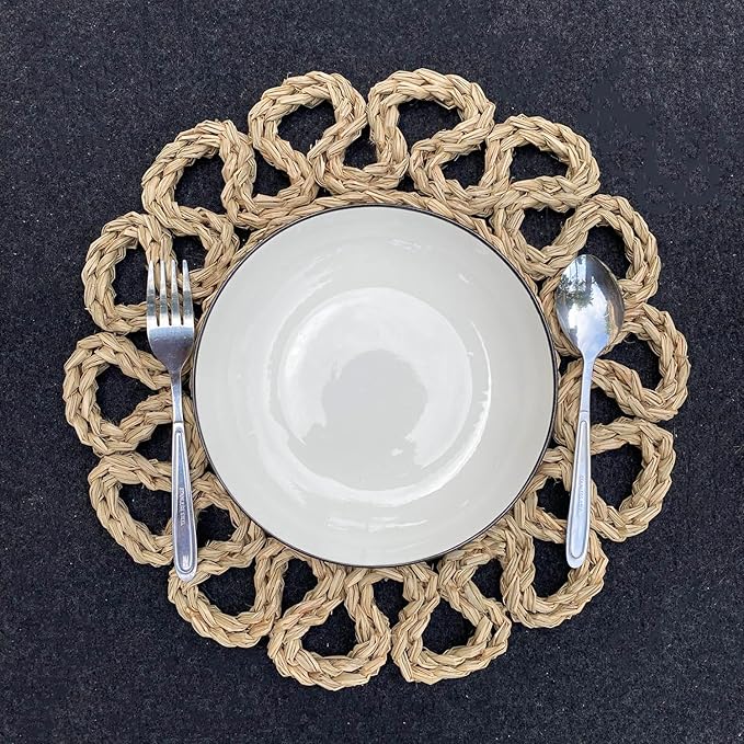 13.8" Set of 8 Round Seagrass Placemats | Boho Woven Rattan Table Mats | Farmhouse Wicker Spring Plate Chargers Like Water Hyacinth, Seagrass for Wedding, Party, Christmas, Events