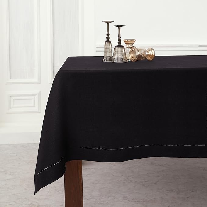 Solino Home Black Linen Tablecloth 60 x 156 Inch - Classic Hemstitch, 100% Pure Linen Rectangular Tablecloth - Machine Washable Table Cloth for Spring, Easter