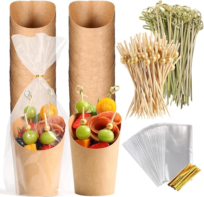 Disposable Charcuterie Cups 120 PCS with 200PCS Sticks and 120PCS Bags, 14 oz Kraft Paper Snack Boxes Appetizers Cup French Fry Holder with Cocktail Skewers Toothpicks Tooth Picks, Brown