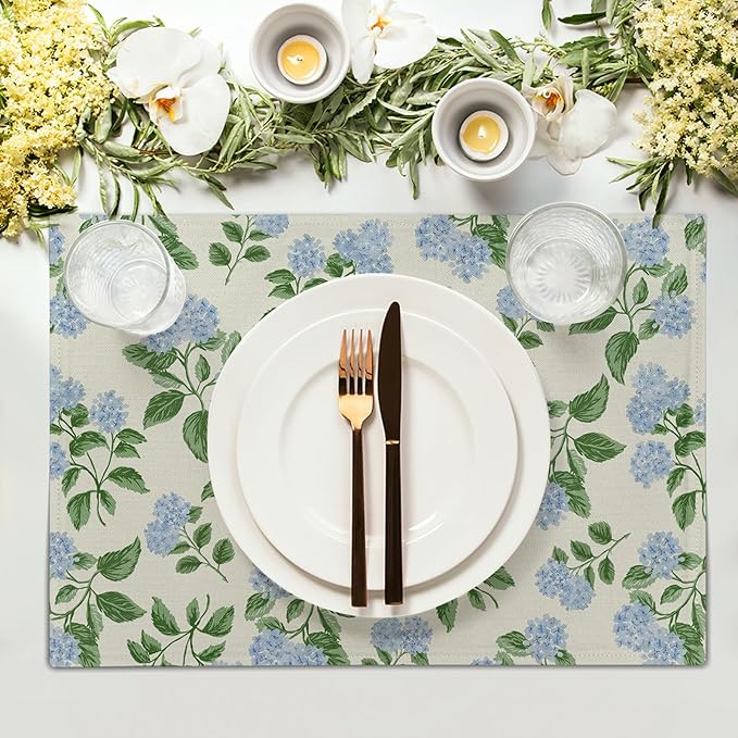 Hydrangea Placemats Set of 4 - Spring Summer Place Mats 12x18 Blue Floral Table Mats Flower Kitchen Mats for Party Dining Table