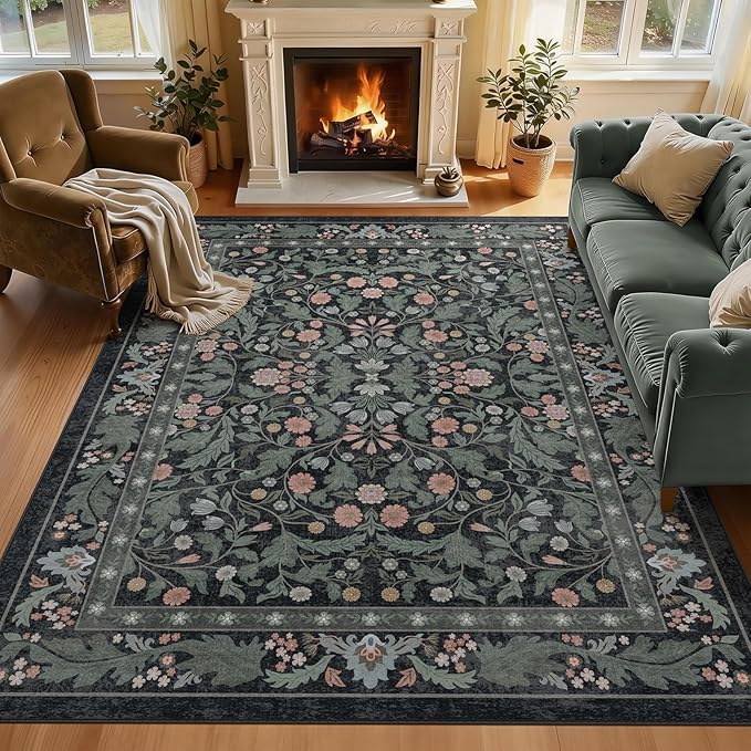 Dark Green Floral 5x7 Area Rugs for Living Room Large Washable Rug Vintage Forest Low Pile Non Slip Stain Resistance Soft Carpet for Dining Room, Bedroom, Office Rug, Kids Room, Nursery Room, Playroom