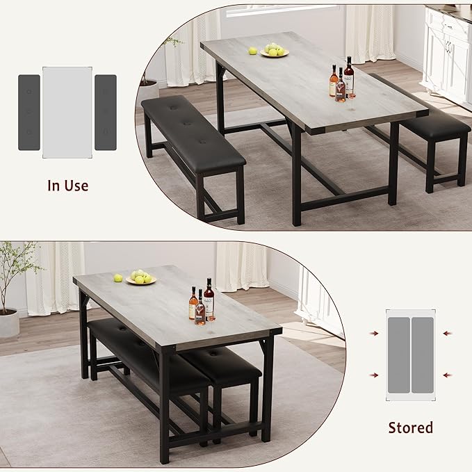IDEALHOUSE 3-Piece Dining Table Set for 4-6 People, 63" Large Extendable Kitchen Table Set w 2 Soft Benches, Easy Assembly, Space Saving for Apartment, Small Space, Gray