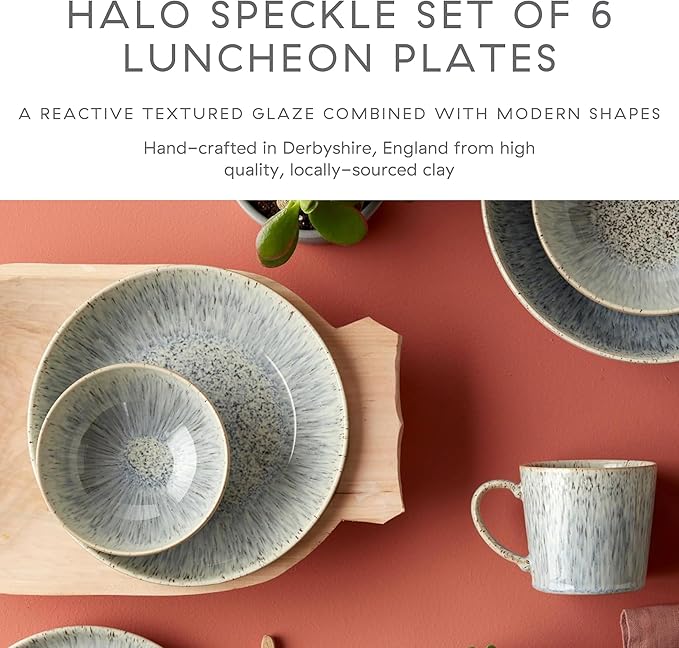Denby - Halo Speckle Salad Plates Set of 6-8.25 Inch Dishwasher Microwave Oven Safe - Scratch Chip Resistant Lunch, Appetizer, Dessert Plates - Grey, Neutral, Blue Ceramic Stoneware Dinnerware Set
