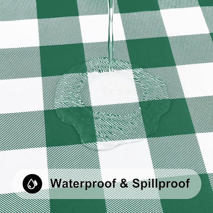 Smiry Rectangle Picnic Table Cloth, Elastic Waterproof Fitted Vinyl Tablecloths, Flannel Backed Buffalo Plaid Table Covers for Dining, Camping, Outdoor (Emerald Green and White, 30" x 72")