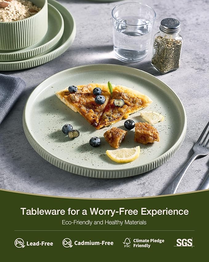 Famiware Star Dinnerware Set with Pasta Bowls, Service for 6 (24 Pieces), Ribbed Stoneware Plates and Double Bowls Sets - Chip & Scratch Resistant, Microwave & Dishwasher Safe Dishes, Matte Sage Green