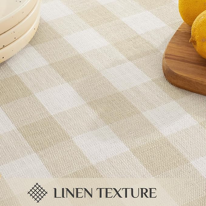 Softalker Checkered Tablecloth Rectangle, Outdoor Linen Cotton Gingham Table Cloth with Tassel, Heavy Duty Wrinkle Free Buffalo Plaid Table Cover for Kitchen Dining Home Party - 55 x 102 Inch, Beige