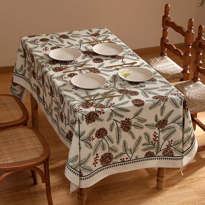 ISAENNE Designer Christmas Beige Linen Small Square Tablecloth,Pinecones Pattern Indoor Tablecloths,Washable Decor Table Cloth for Dining Thanksgiving Kitchen Christmas,55"*55"-Carol B